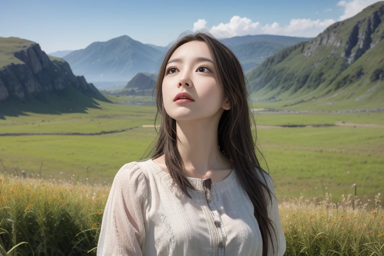 masterpiece, Highest quality, (Realistic:1.3), A beautiful girl looks up to the sky in the grassland, (Hurrah!), sunlight,Godley,Fractal Crystal AI