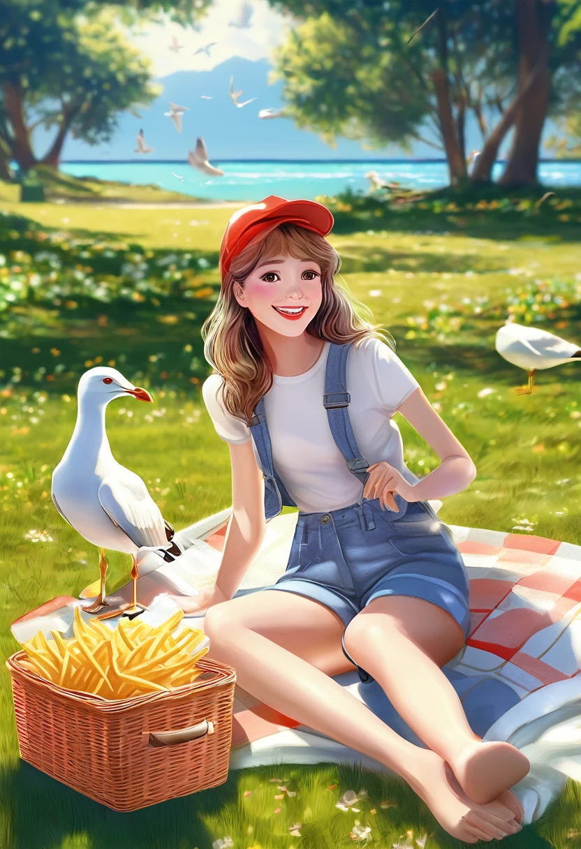 1girl, seagull, french fries, picnic basket, summer day, outdoors, sunny, smiling, casual clothes, sitting on grass, detailed face, realistic, photorealistic, 8k, high quality, digital art, vibrant colors, natural lighting, detailed background