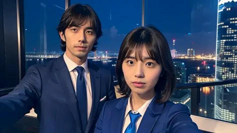 Kikuchi Hina takes a selfie of herself and a tall, handsome man with long bangs, Night view from skyscrapers, Blue suit and tie