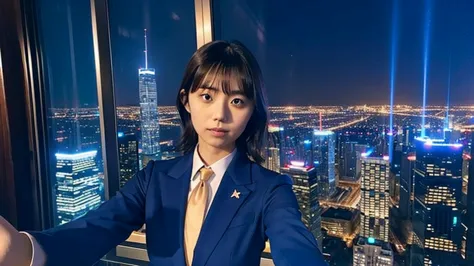 Kikuchi Hina takes a selfie of herself and a tall, handsome man with long bangs, Night view from skyscrapers, Blue suit and tie