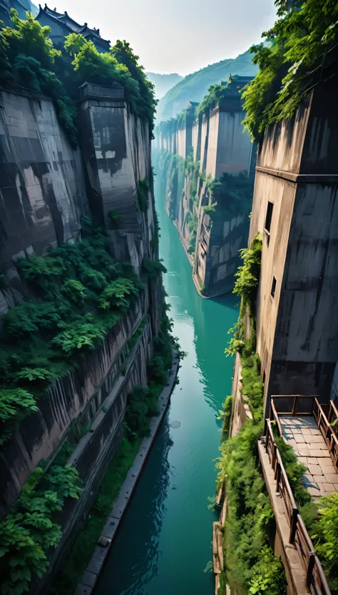 High resolution、8K masterpiece:1.3、 Breathtaking aerial photography:1.1、 The terrifying cliff-top walled canal in Chongqing:1.3、...