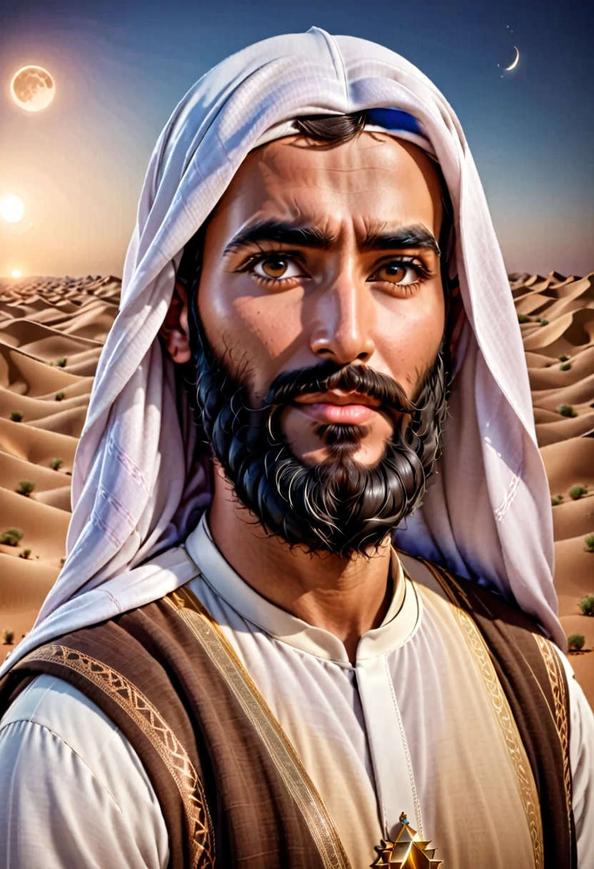 Hommes arabes , grande barbe , fond de désert , style de rendu 3D , face portrait
