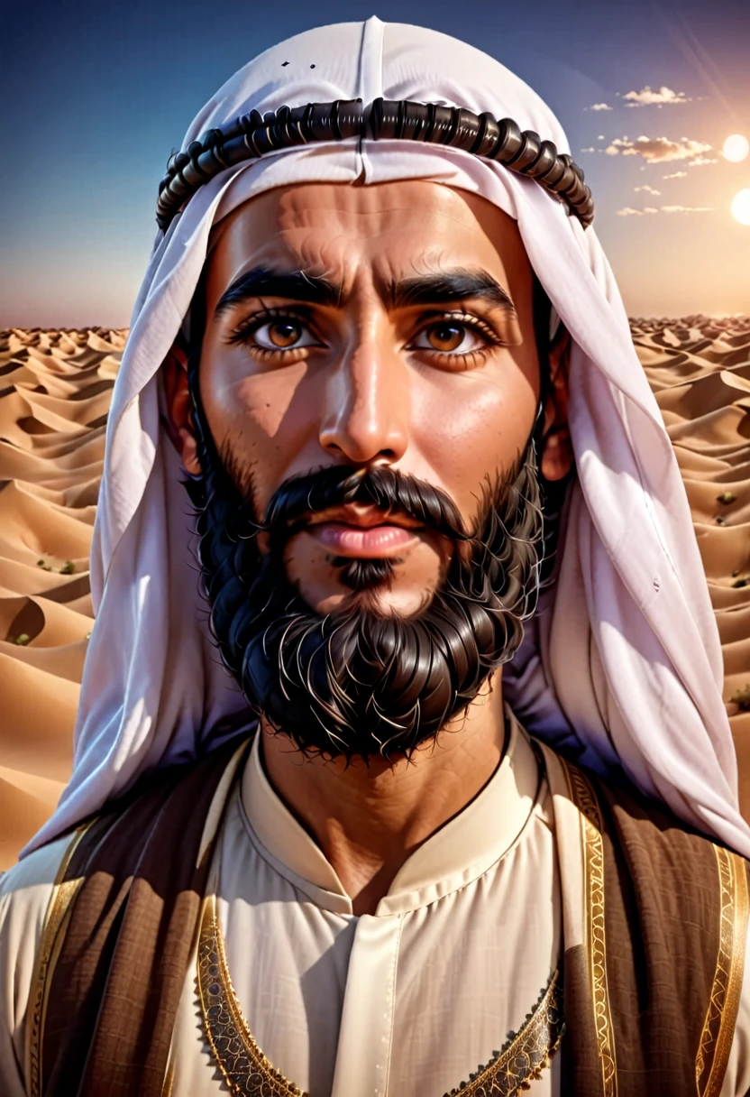 Homens árabes , barba grande , fundo do deserto , Estilo de renderização 3D , retrato de rosto
