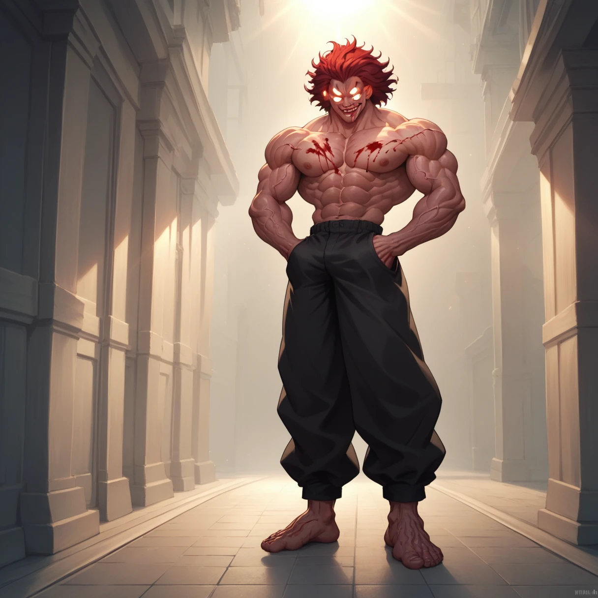 score_9, score_8_up, score_7_up, YujiroHanma, 1boy, full body, male focus, solo, shirtless, black pants muscular male, red hair, manly, veins, pupiless, dynamic lighting, extremely detailed, portrait, psychotic expression, very veiny ,glare, evil smile, glowing white eyes, hands in pockets, head tilted, blood