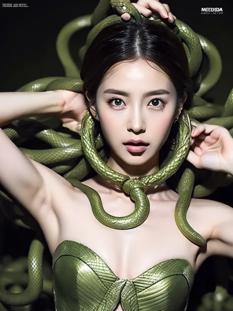 ((Medusa)), ((Her hair is made up of countless tiny snakes)), ((Cover the upper body with snakes)), (snake green eyes), Feminine...