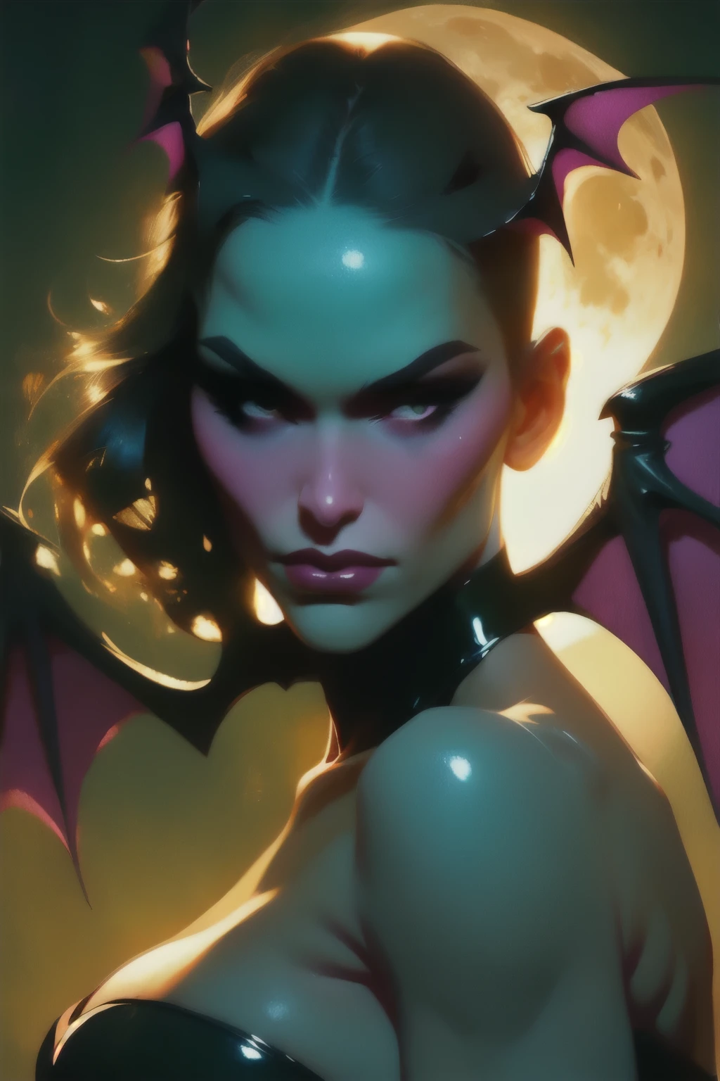 Portrait réaliste à la peinture à l&#39;huile de Morrigan Aensland, Clair de lune, Corps chaud, pose sensuelle dynamique, doux sourire, costume noir aux cheveux longs verts , (((Ailes de chauve-souris))) , Corps chaud, athlétique, ((Orteils de chameau)), jambes violettes, Textures de peau détaillées, complexe, Visage détaillé, hyperréaliste, Lumière et ombres réalistes , ((Éclairage cinématographique)) . Fond d&#39;éclairage de lune poétique.