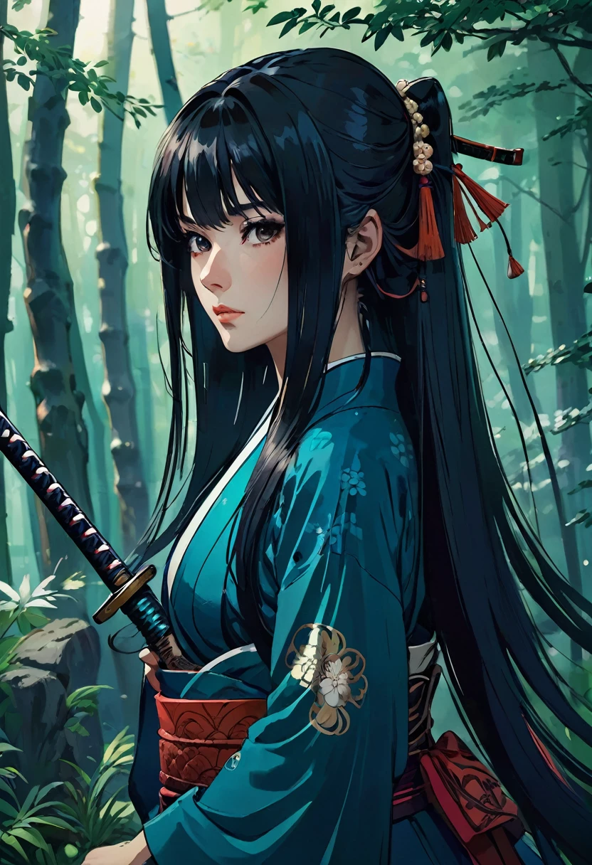 Dark long hair , woman , beautiful , gorgeus girl , samurai