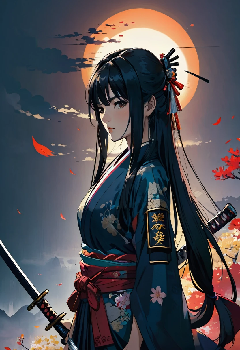 Dark long hair , woman , beautiful , gorgeus girl , samurai