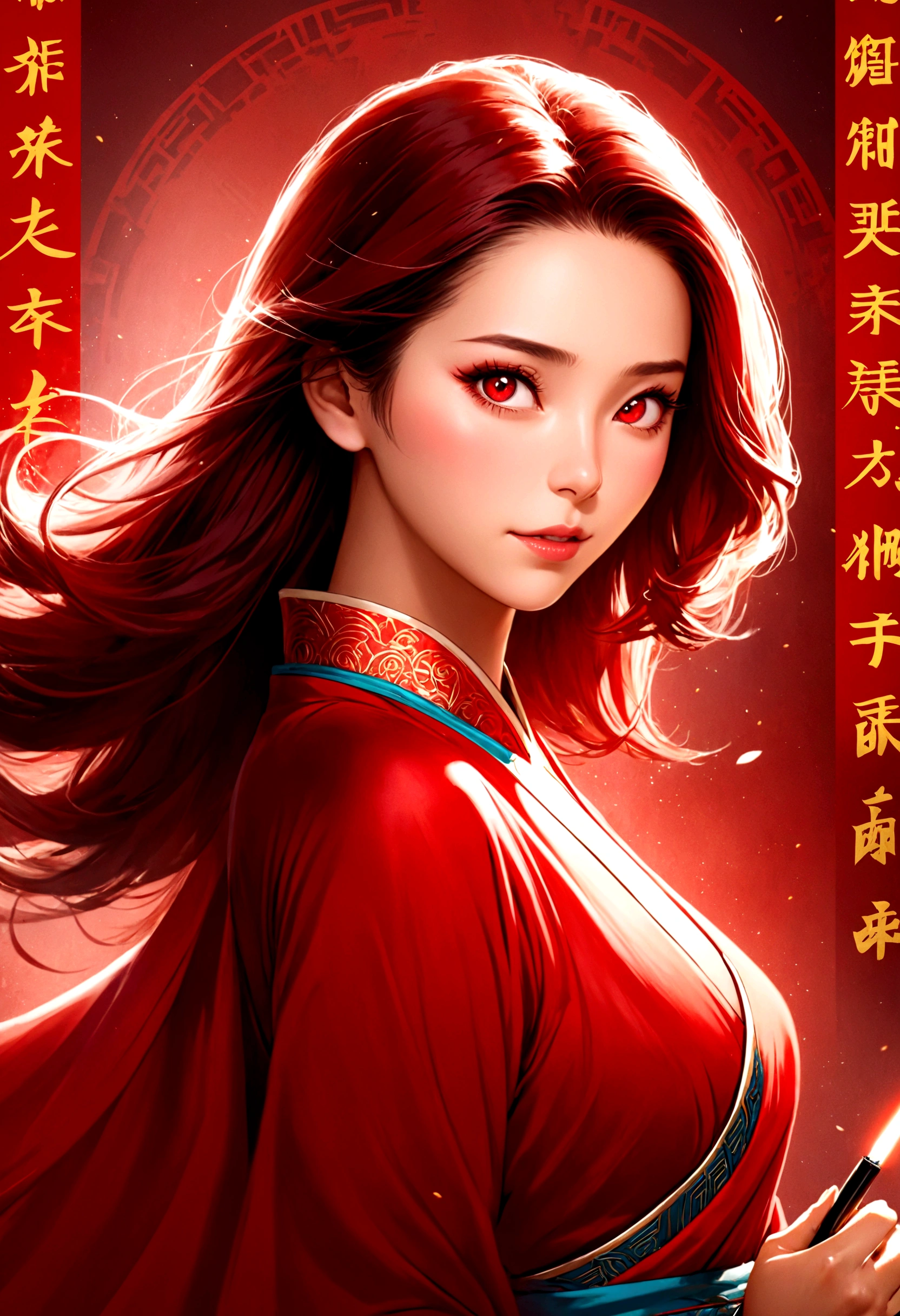 (Highest quality, Movie Poster Style), Beautiful woman (One of my eyes is red:1.2),(How to write Chinese characters with meaning:1.1), Combine elements perfectly.