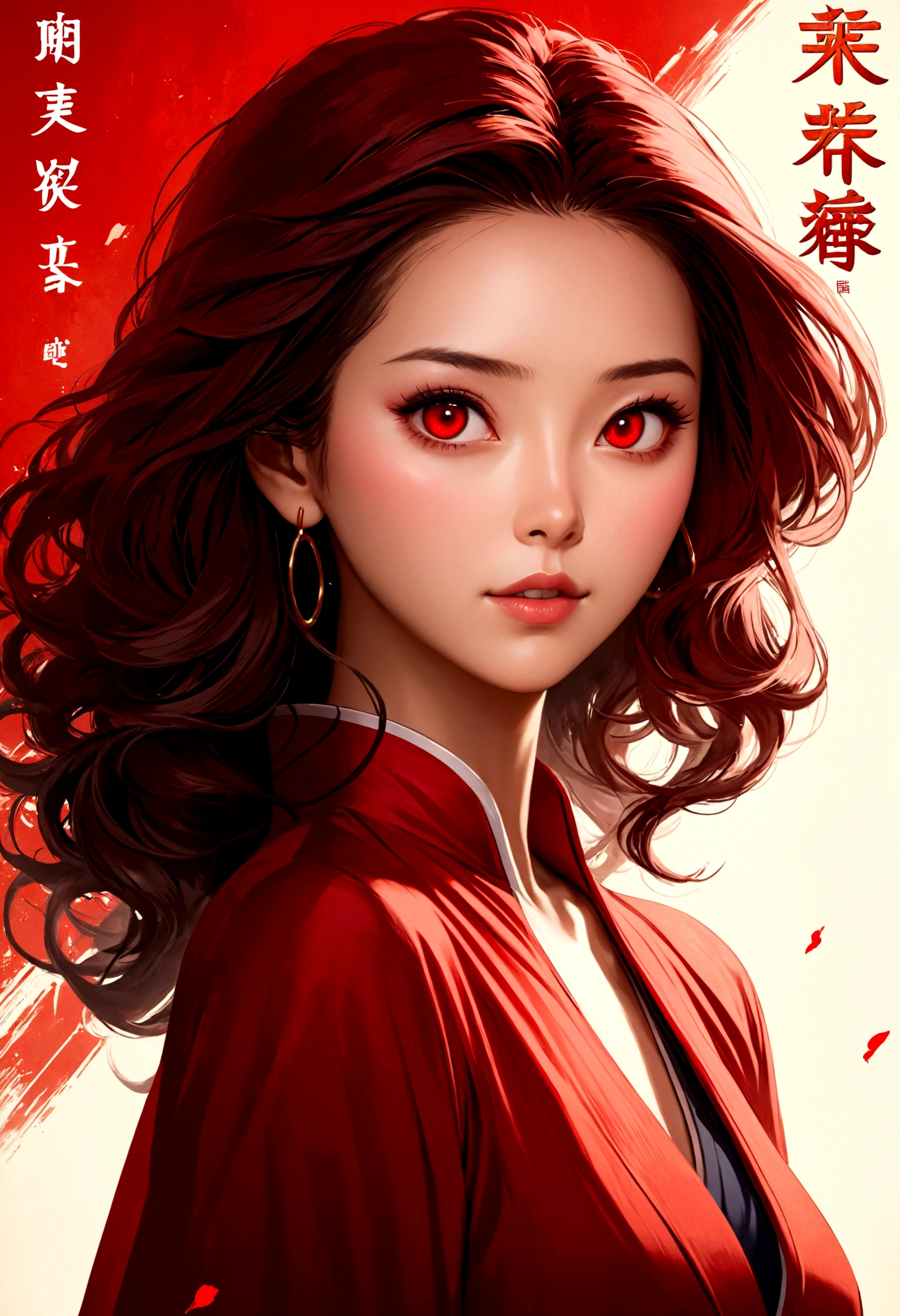 (mais alta qualidade, Estilo de pôster de filme), Mulher bonita (Um dos meus olhos está vermelho:1.2),(Como escrever caracteres chineses com significado:1.1), Combine elementos perfeitamente.