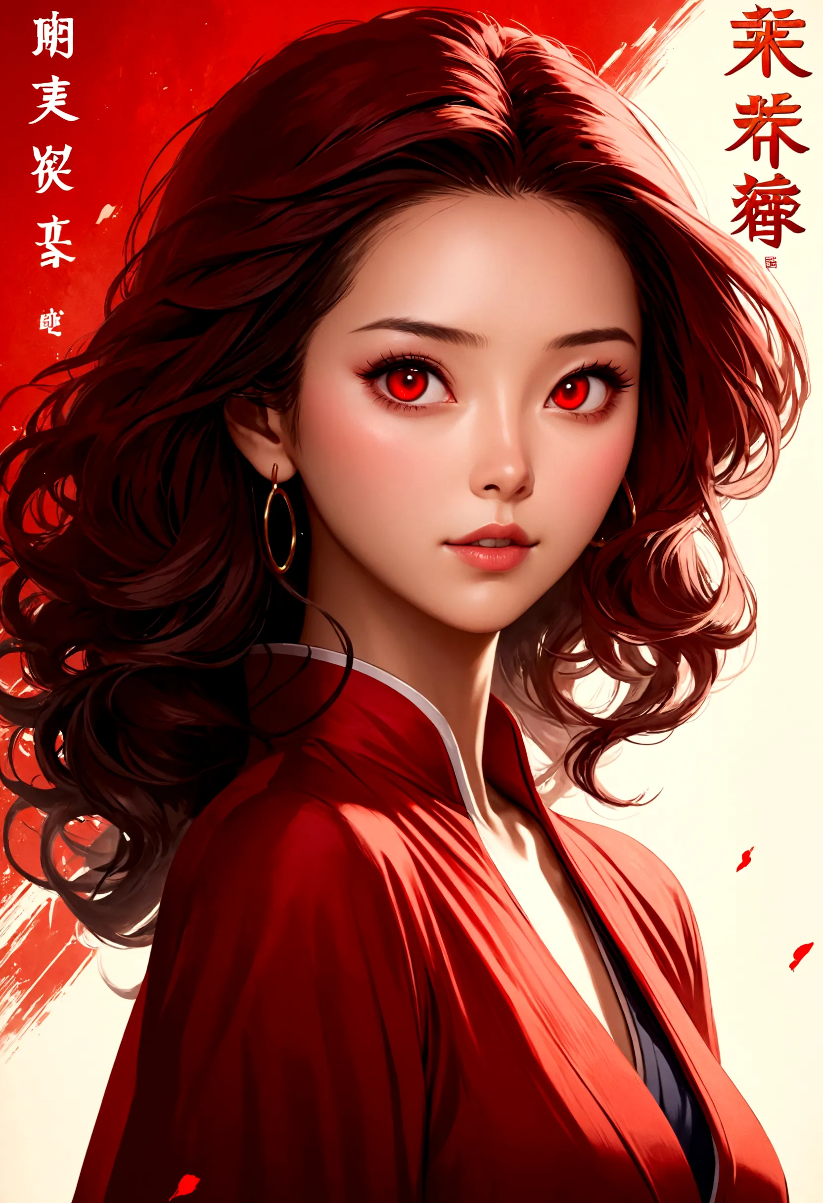 (Highest quality, Movie Poster Style), Beautiful woman (One of my eyes is red:1.2),(How to write Chinese characters with meaning...