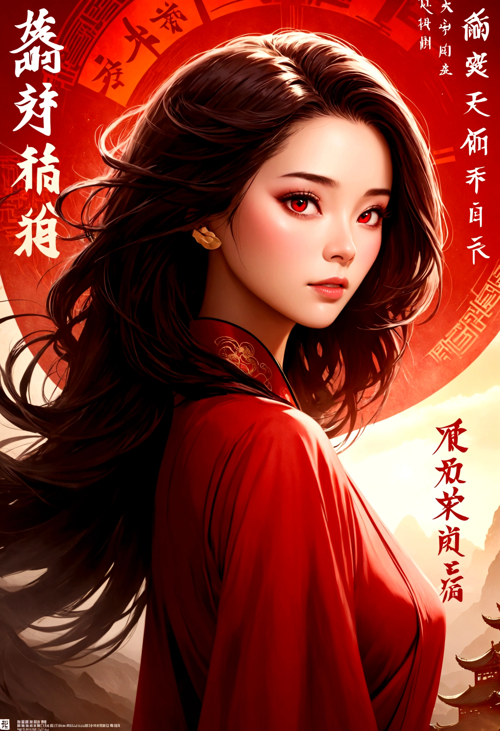 (mais alta qualidade, Estilo de pôster de filme), Mulher bonita (Um dos meus olhos está vermelho:1.2),(Como escrever caracteres chineses com significado:1.1), Combine elementos perfeitamente.