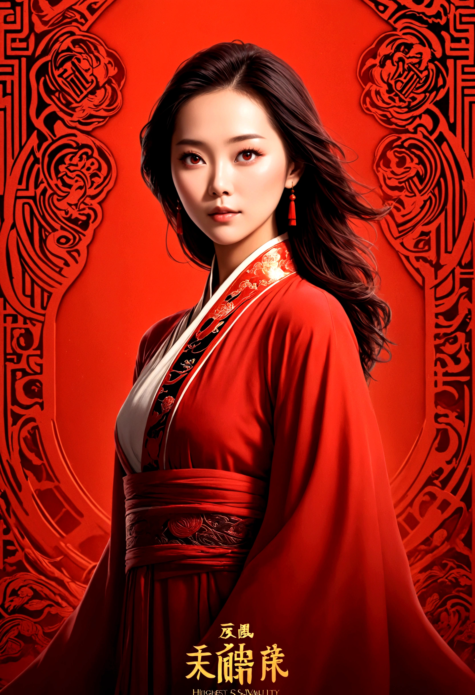 (Highest quality, Movie Poster Style), Beautiful woman (One of my eyes is red:1.2),(How to write Chinese characters with meaning:1.1), Combine elements perfectly.