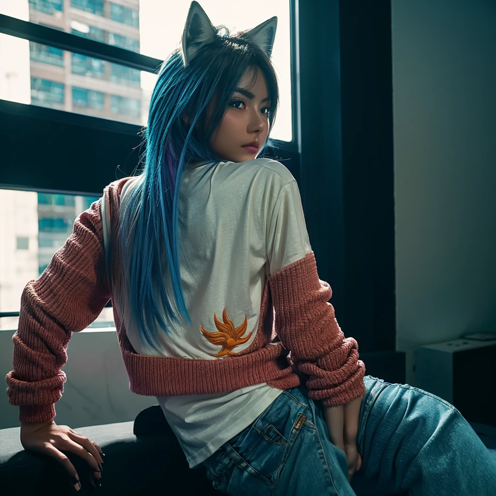 A striking and enigmatic anime scene featuring a teenage girl in a casual outfit, embracing a cute, glowing fox with brightly colored fur. The background is a blend of abstract geometric shapes and futuristic cityscapes, creating a sense of depth and dimension. The overall tone is whimsical and nostalgic, evoking a sense of wonder and adventure. This breathtaking digital portrait is the creation of artist ai Jonas, who captures the essence of a phoenix woman in this captivating image.

The woman, with electric-blue hair cascading down her back, wears reflective sunglasses, tinted with hot pinks and oranges, shielding her eyes from the intense light that surrounds her. Her fitted white t-shirt and dark jacket, adorned with intricate details and matching the electric tones of her hair, exude cool confidence and mystery, anime, cinematic