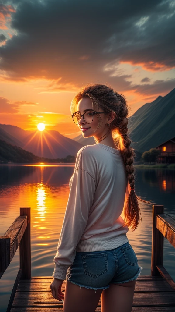 1girl, age22 blush, closed mouth, earrings, gradient, jewelry, long hair, long sleeves, short shorts, looking at viewer, solo, twin braids, upper body, black-framed eye wear, seductive smile, wind, floating hair, wavy hair, light smile, from behind, back, masterpiece, best quality, intricate details, sunset, a wooden dock leading to a lake with a mountain in the background at sunset or dawn with clouds in the sky, lake, a picture, neo-romanticism