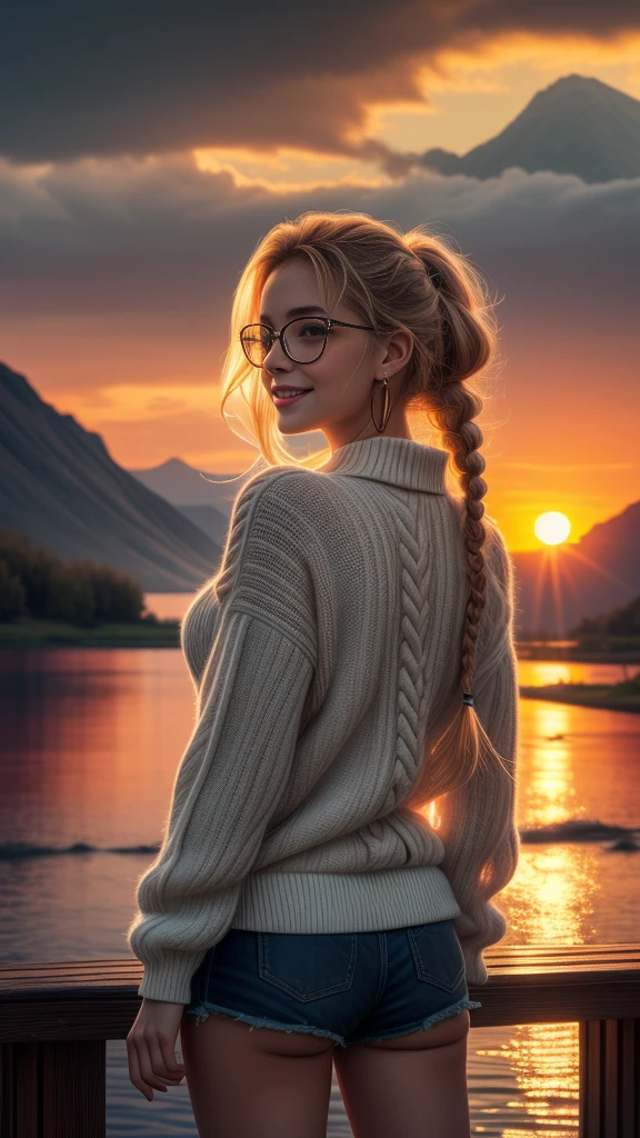 1girl, age22 blush, closed mouth, earrings, gradient, jewelry, long hair, long sleeves, short shorts, looking at viewer, solo, twin braids, upper body, black-framed eye wear, seductive smile, wind, floating hair, wavy hair, light smile, from behind, back, masterpiece, best quality, intricate details, sunset, a wooden dock leading to a lake with a mountain in the background at sunset or dawn with clouds in the sky, lake, a picture, neo-romanticism