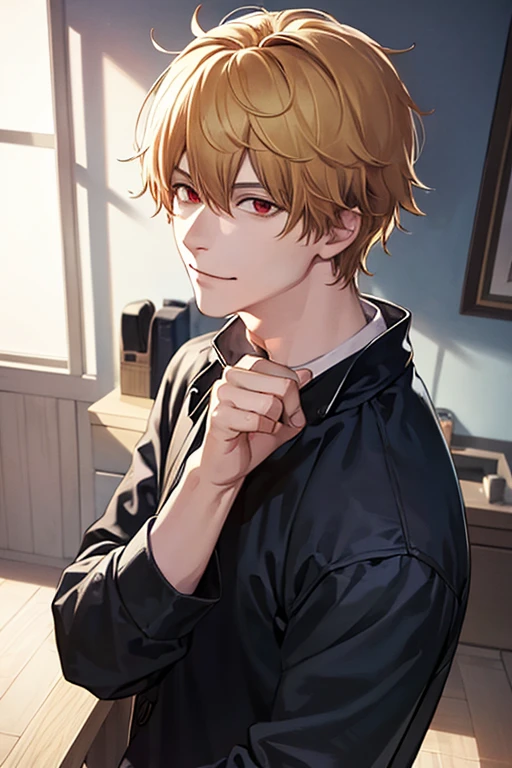 1boy, male_focus, short_hair, wilde_hair, (blonde_hair), solo, (masterpiece, top quality, best quality, official art), very detailed, colorful, most detailed, short hair, , handsome_man, wavy_hair, (upper_body), ((side_view, looking_at_viewer)), ((smirk)), closed_mouth, ken kaneki, artwork in the style of guweiz, best anime 8k konachan wallpaper, hajime yatate, in an anime style, satoru gojo, denji