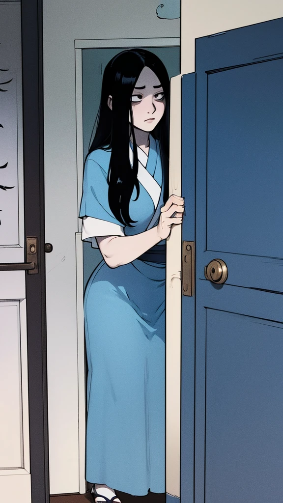 Sadako looking behind a door from a 暗い ropm, 半分閉まったドア, ユーオン, 曲線的な, ホラー, 暗い room, 暗い, 暗い, 恐れ, スリラー, 青フィルター