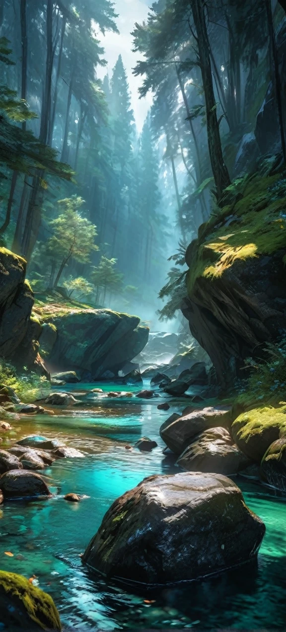  High quality, ultra realistic,absurdres, highres, ultra detailed, HDR, masterpiece, extremely detailed , beautiful forest, rocks, light blue lake , glowing 