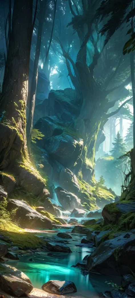 high quality, ultra realistic,absurdres, highres, ultra detailed, hdr, masterpiece, extremely detailed , beautiful forest, rocks...