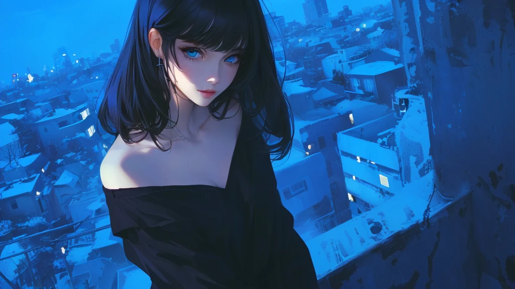 ultra-detailed, beautiful eyes, detailed eyes, detailed face, ultra-detailed, beautiful eyes, woman in black casual, Woman in casual, black, loose-fitting, casual clothing with blue eyes standing on a rooftop overlooking the city, master piece, best quality, high resolution, 16k