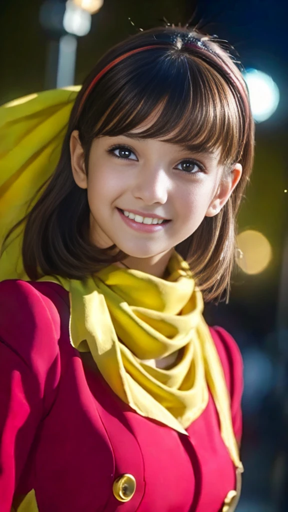 masterpiece、Yellow scarf、Big gold button、1 beautiful girl、Beautiful Eyes、smile,Puffy eyes、highest quality, 超High resolution, (reality: 1.4), Cinema Lighting、so beautiful、Beautiful Skin、Body facing forward、Upper Body,(Ultra-realistic)、(High resolution)、(8k)、(Very detailed)、(Beautiful Eyes)、(Very detailed)、 (wall-)、Detailed face、Bright lighting、Professional Lighting、Looking at the audience、Look straight ahead、Diagonal bangs、Perfect cosplay,masterpiece, highest quality, Outdoor,1 girl,
 Cyborg 003,