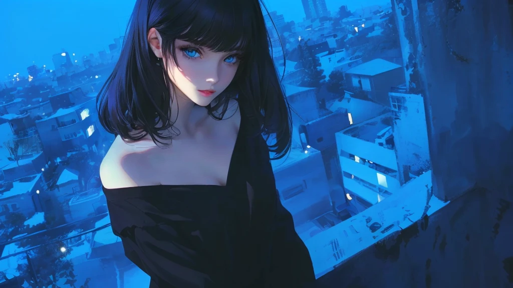 ultra-detailed, beautiful eyes, detailed eyes, detailed face, ultra-detailed, beautiful eyes, woman in black casual, Woman in casual, black, loose-fitting, casual clothing with blue eyes standing on a rooftop overlooking the city, master piece, best quality, high resolution, 16k