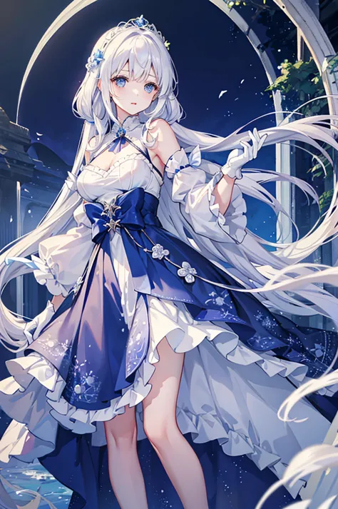 white hair and blue eyes、adult、long, fluffy wavy hair、braiding、wearing hair ornaments、princess、white gloves、wearing a lace dress...