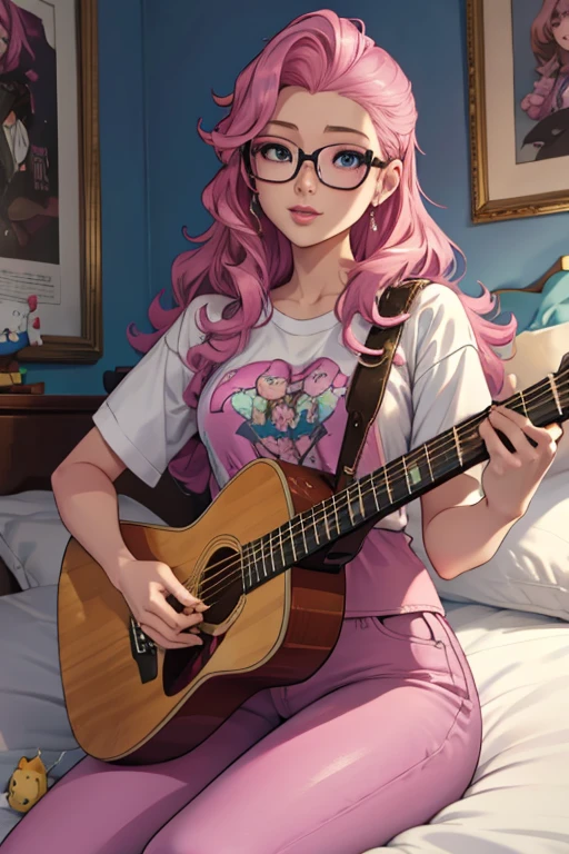 seraphine , playing guitar , wear glasses , sit on bed , joyful , bedroom daytime background , pink bedroom , wear pink sleevless shirt and white legging pant