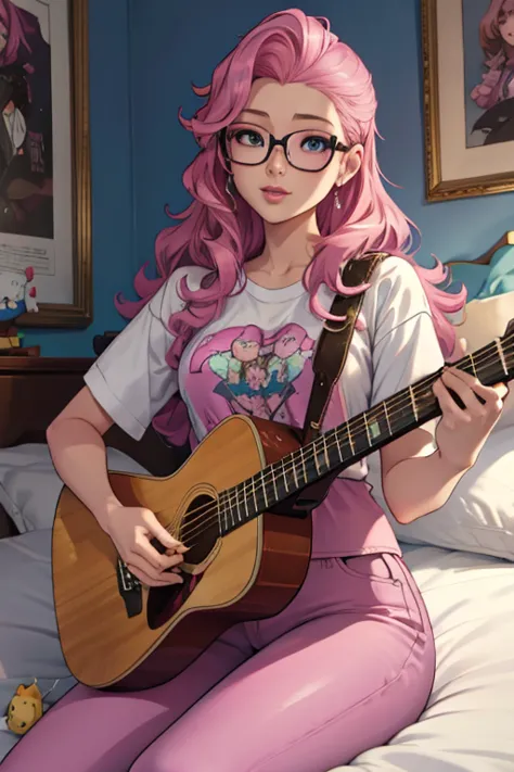seraphine , playing guitar , wear glasses , sit on bed , joyful , bedroom daytime background , pink bedroom , wear pink sleevles...