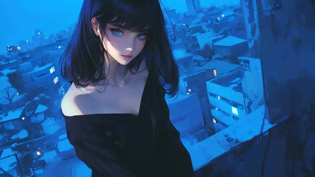 ultra-detailed, beautiful eyes, detailed eyes, detailed face, ultra-detailed, beautiful eyes, woman in black casual, Woman in casual, black, loose-fitting, Beautiful face gnawing strength, casual clothing with blue eyes standing on a rooftop overlooking the city, master piece, best quality, high resolution, 16k