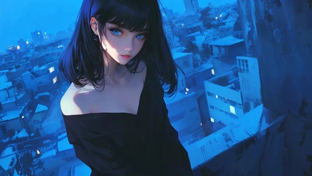 ultra-detailed, beautiful eyes, detailed eyes, detailed face, ultra-detailed, beautiful eyes, woman in black casual, Woman in casual, black, loose-fitting, Beautiful face gnawing strength, casual clothing with blue eyes standing on a rooftop overlooking the city, master piece, best quality, high resolution, 16k