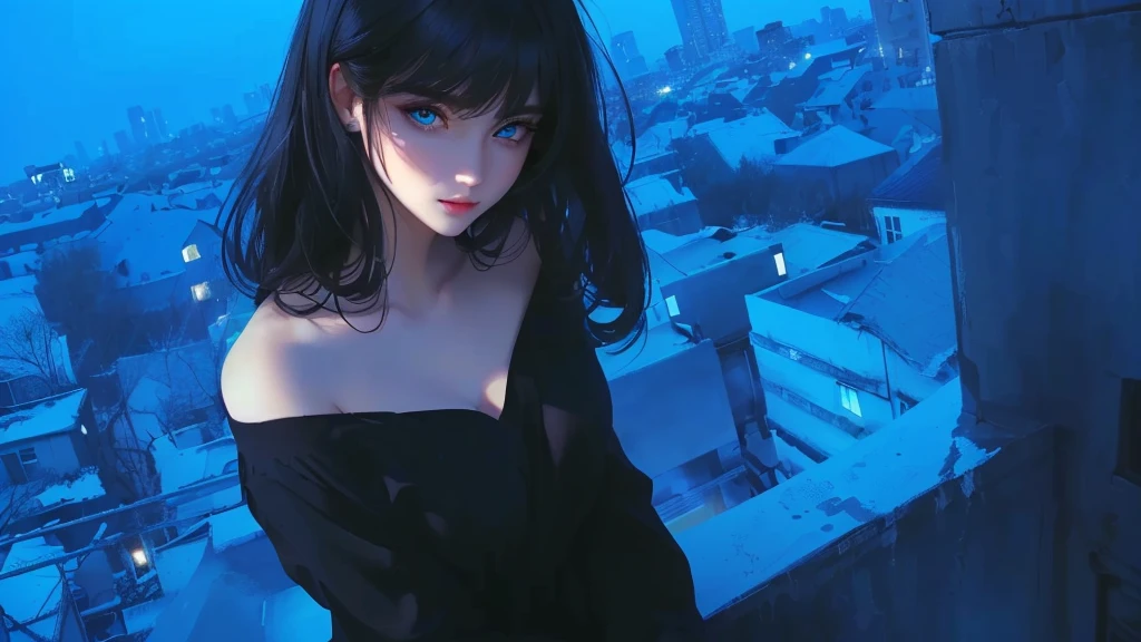 ultra-detailed, beautiful eyes, detailed eyes, detailed face, ultra-detailed, beautiful eyes, woman in black casual, Woman in casual, black, loose-fitting, Beautiful face gnawing strength, casual clothing with blue eyes standing on a rooftop overlooking the city, master piece, best quality, high resolution, 16k