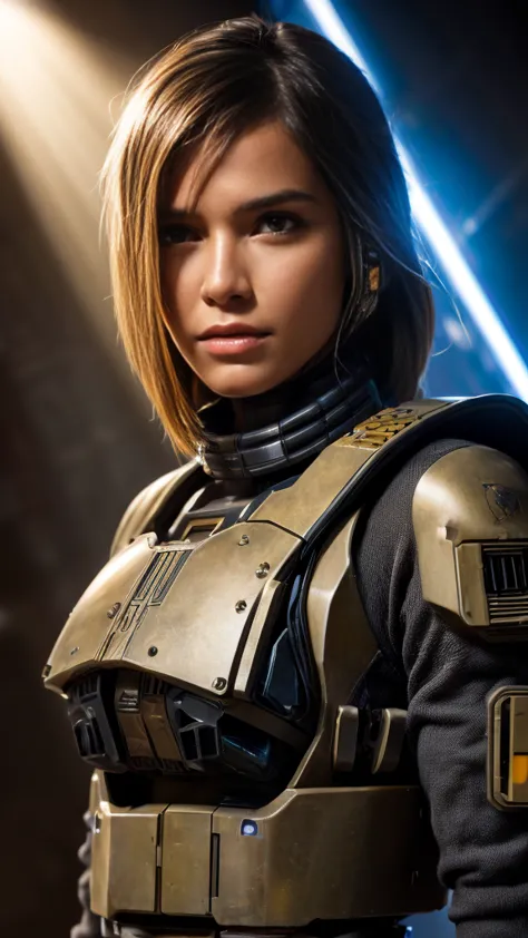 solo, solo focus, masterpiece close-up portrait of a woman wearing tactical gear in a tatooine building, light rays, caustics, m...