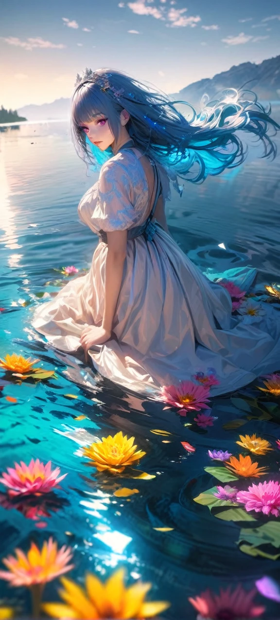  High quality, ultra realistic,absurdres, highres, ultra detailed, HDR, masterpiece, extremely detailed , beautiful colorful flowers , light blue lake , glowing , beautiful dress girl on lake 