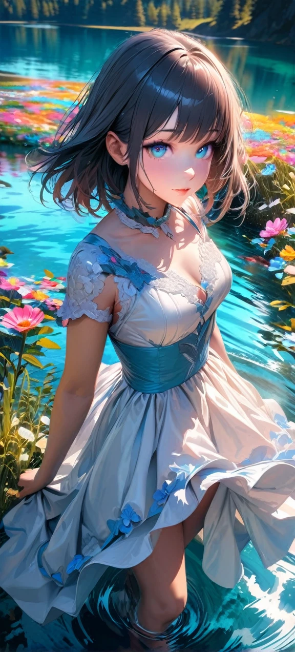  haute qualité, ultra réaliste,absurdes, haute résolution, ultra détaillé, hdr, chef-d&#39;œuvre, extrêmement détaillé , belles fleurs colorées , lac bleu clair , embrasé , belle robe fille sur le lac 