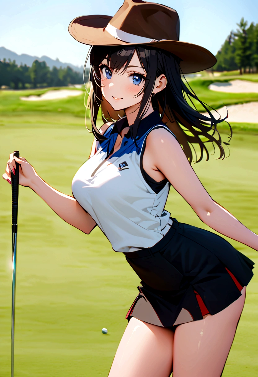 sound　high resolution　8k beauty　Woman playing golf　Golf course　Beautiful woman　Timid　Black Hair　　Golf Wear　mini skirt　smile　　looking at the camera　nice shot　No sleeve　Cowboy hat　Blonde