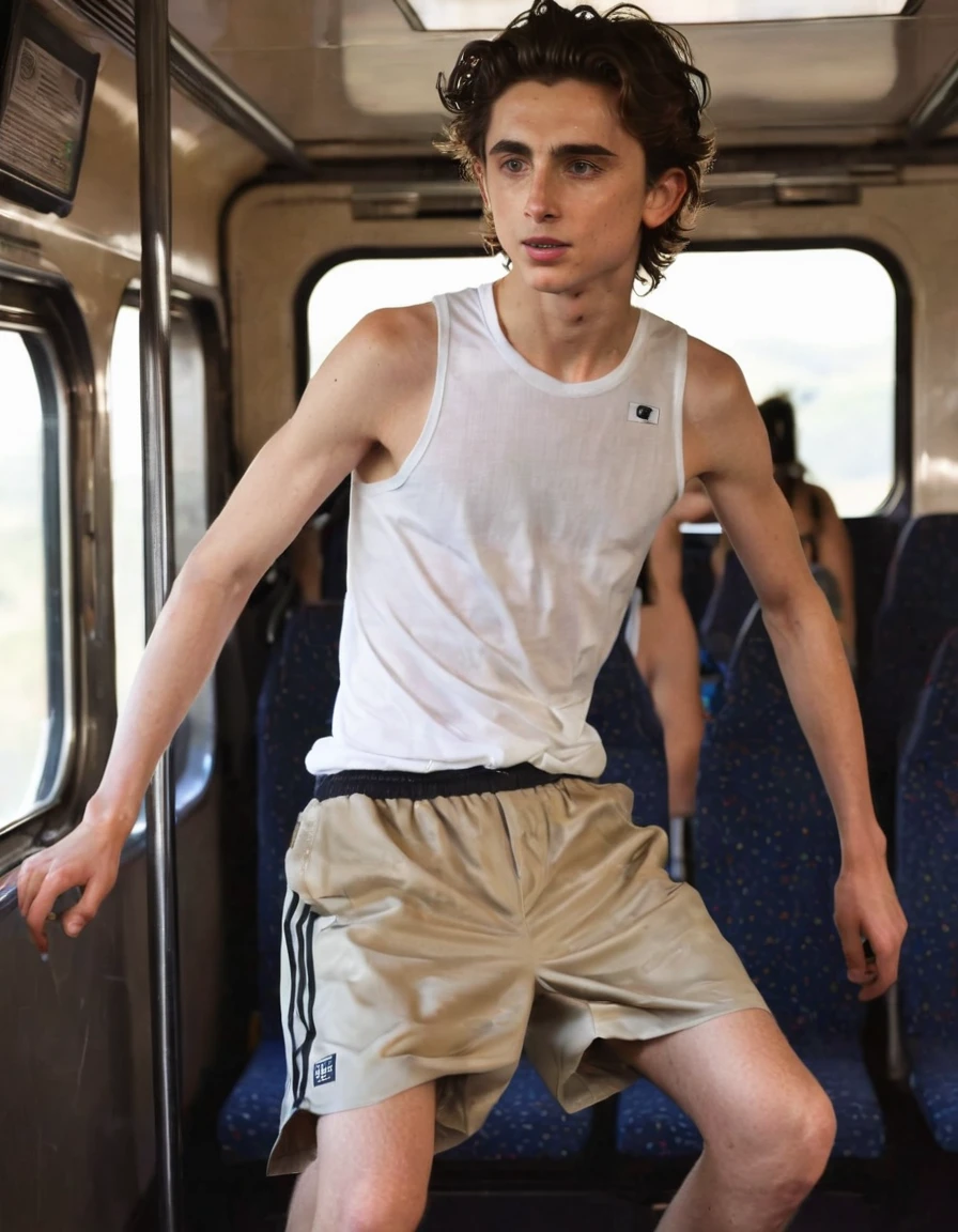 Timothée Chalamet, sweaty teen boy, in the train, in japanese train -  SeaArt AI