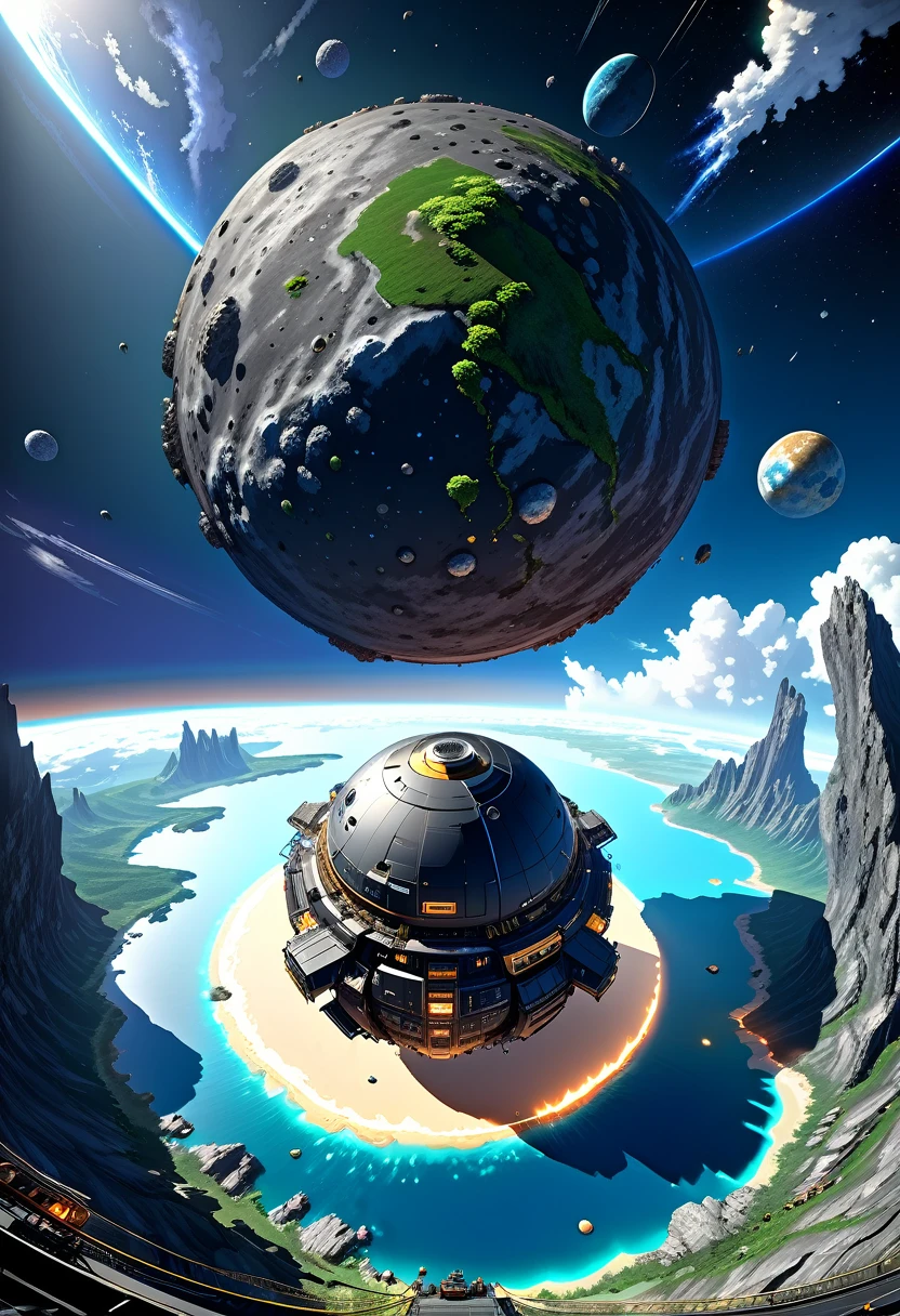 傑作, 最好的品質, (非常詳細 CG unity 8k wallpaper), (最好的品質), (最佳插圖), (最好的陰影), 等距 3D , 辛烷渲染, 光線追蹤, 非常詳細, 一顆大小行星的遠景，頂部隱藏著太空海盜基地