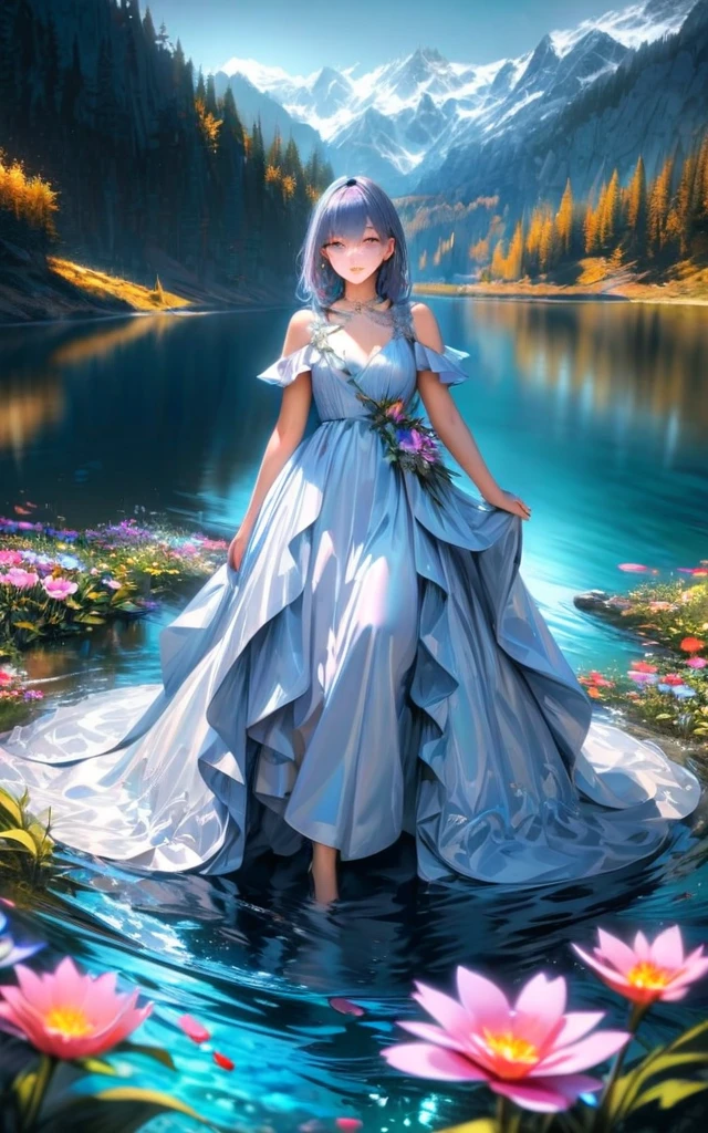  High quality, ultra realistic,absurdres, highres, ultra detailed, HDR, masterpiece, extremely detailed , beautiful colorful flowers , light blue lake , glowing , beautiful dress girl on lake 