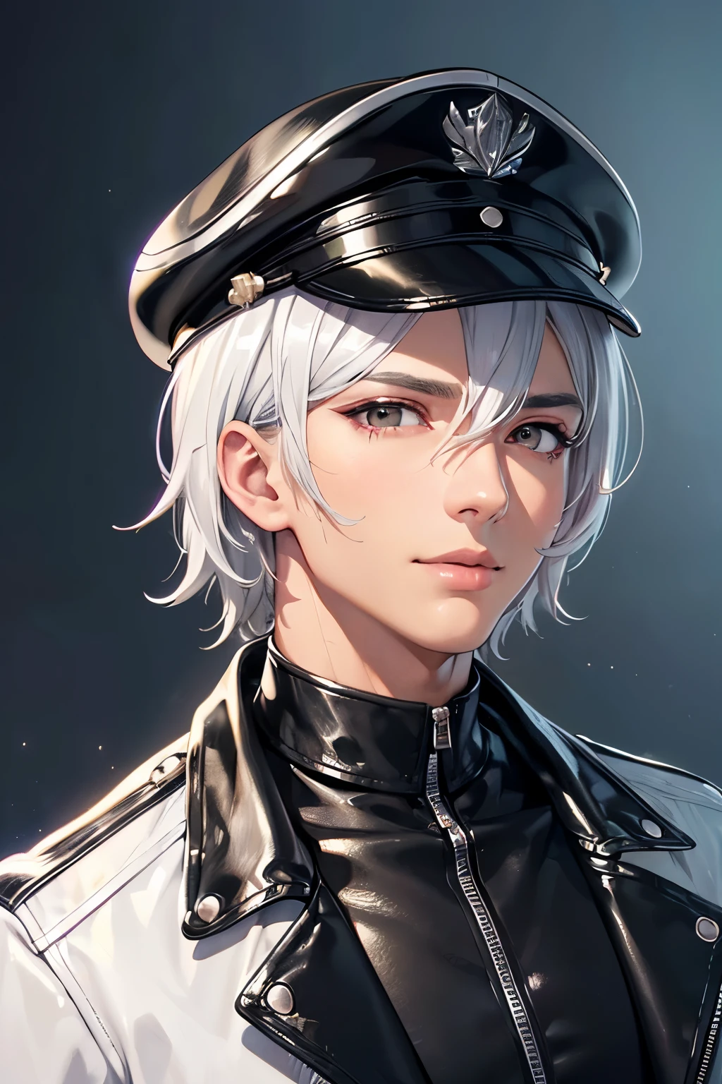 Handsome young man wearing a leather jacket, wearing a cap, with silver hair, holding ice cream, silver messy hair, handsome, (8k, RAW photo, photorealistic:1.25) ,( lipgloss, eyelashes, man, gloss-face, glossy skin, dark skin, dark snik, male, best quality, ultra highres, young man, depth of field, chromatic aberration, caustics, Broad lighting, natural shading,Kpop idol) looking at viewer with a serene and god-like happiness,
