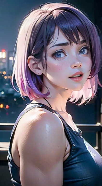 a girl with white and purple ombre hair, wearing high-waisted jeans, detailed portrait, realistic, cinematic lighting, intricate...