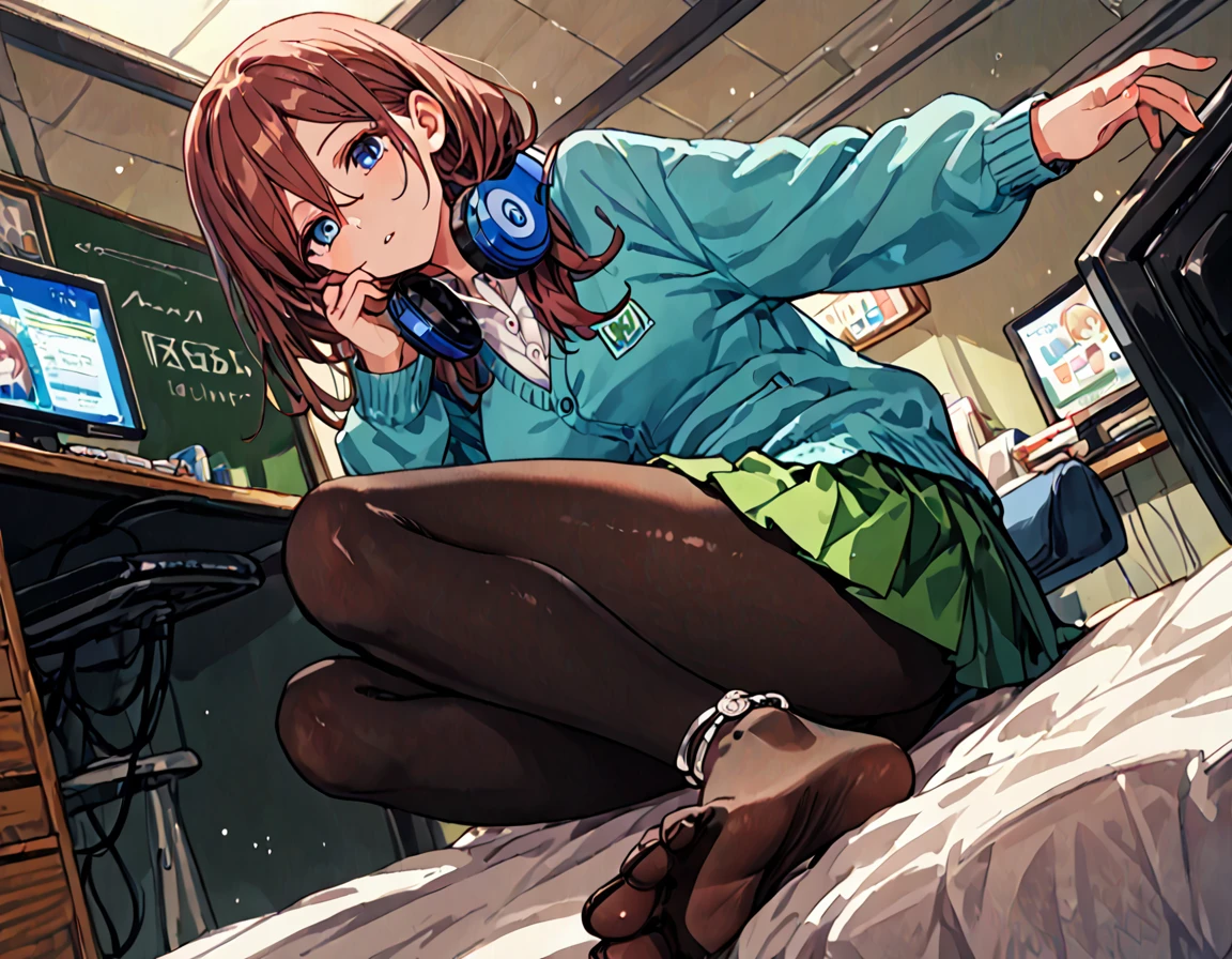 (score_10,score_9_up,score_8_up,score_7_up), A girl lounging in her bedroom, a PC monitor turned on, a gaming chair, a cluttered room, fetal position, Sparkling, (absurdres absolutely resolution), (8k), (detailed illustration), (super fine illustration), (professional lighting), (vivid color), perfect body, perfect hands, dynamic pose, dutch angle}, , looking at viewer, miku nakano, long hair, bangs, blue eyes, brown hair, shirt, hair between eyes, cardigan, headphones around neck, mature female, medium breasts, skirt, shirt, long sleeves, white shirt, pantyhose, pleated skirt, black pantyhose, cardigan, green skirt, blue cardigan, bare foot, foot focus, from below ,anklet, chalkboard, shiny skin, pale skin, colored toenails,