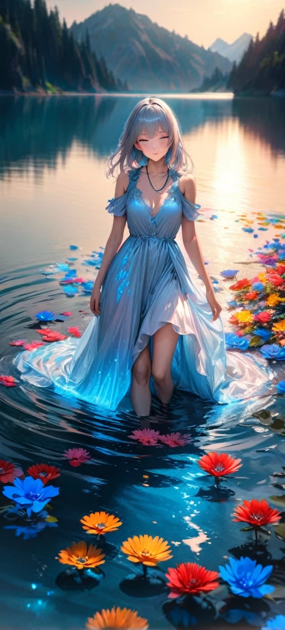  高质量, 超现实,荒诞, 高分辨率, 极其详细, HDR, 杰作, 极其详细 , 美丽的五颜六色的花朵 , 淡蓝色的湖 , 发光 , 湖上美丽的长裙女孩 