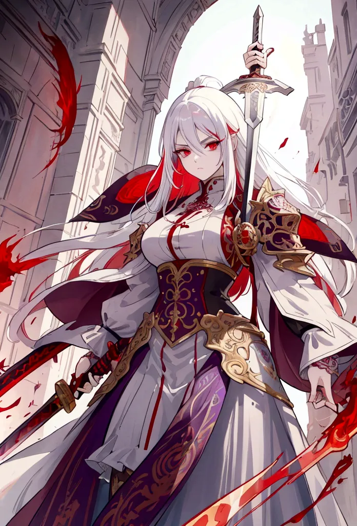 a woman with white hair and red streaks, neutral facial expression, detailed red eyes, holding a large ornate purple sword, deta...