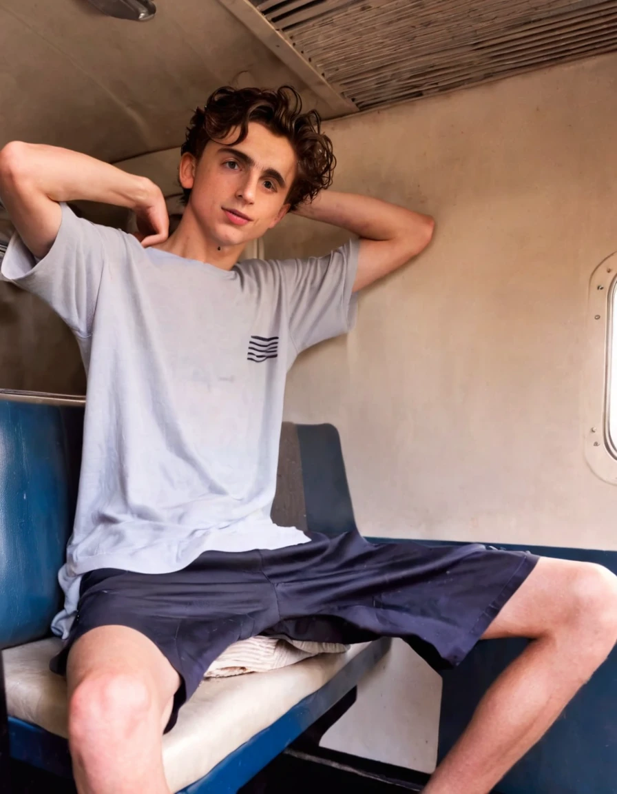 Timothée Chalamet, sweaty teen boy, in the train, in japanese old train -  SeaArt AI