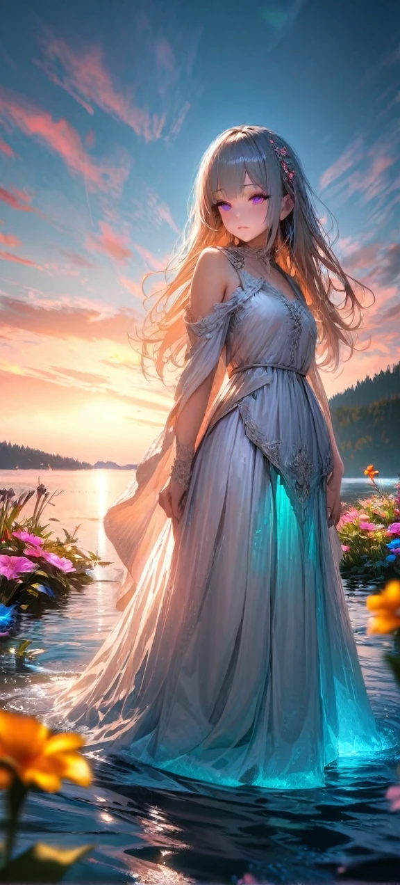  High quality, ultra realistic,absurdres, highres, ultra detailed, HDR, masterpiece, extremely detailed , beautiful colorful flowers , light blue lake , glowing , beautiful long closed dress  chibby girl on lake , 