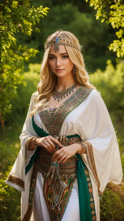 most beautiful german blonde lady, wearing kabyle robe, kabyledress, amazigh, berber, kabyleoitfits, bijoux, nature background, ...