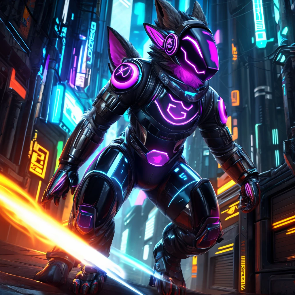 ultra-detailed cyberpunk protogen drone,highly detailed latex body,glowing purple energy core,complex mechanical details,intricate technological features,metallic accents,dynamic pose,cinematic lighting,photorealistic,8k,high resolution,masterpiece,concept art,digital art