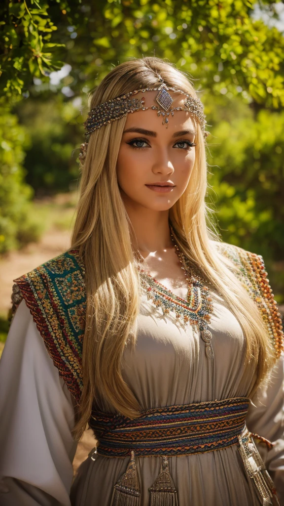 Most beautiful german blonde lady, wearing kabyle robe, kabyledress, amazigh, berber, kabyleoitfits, bijoux, nature background, realistic,4k, professional, ouadhias, robekabyle